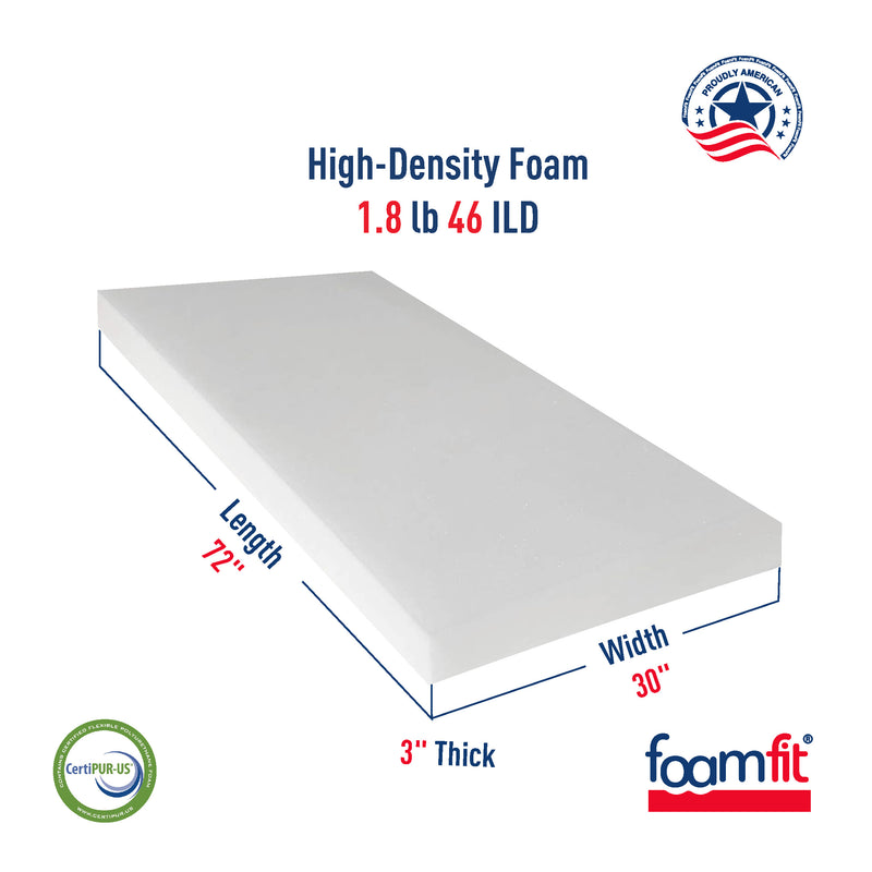 FoamFit Upholstery Foam 3 Inch Thick High Density 1.8 lb 46 ILD Firm Couch Cushion Replacement