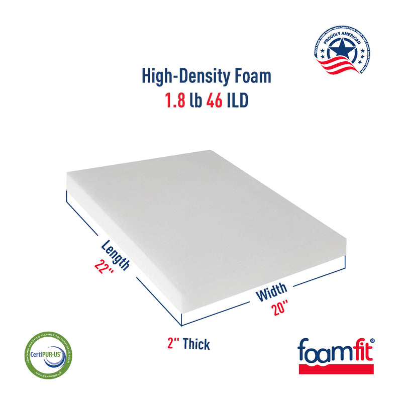 FoamFit Upholstery Foam 2 Inch Thick High Density 1.8 lb 46 ILD Firm Couch Cushion Replacement