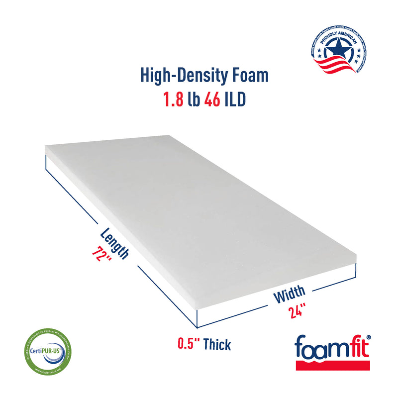 FoamFit Upholstery Foam 1/2 Inch Thick High Density 1.8 lb 46 ILD Firm Couch Cushion Replacement