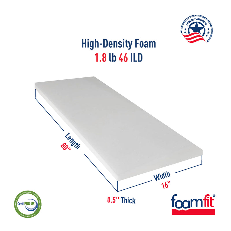 FoamFit Upholstery Foam 1/2 Inch Thick High Density 1.8 lb 46 ILD Firm Couch Cushion Replacement