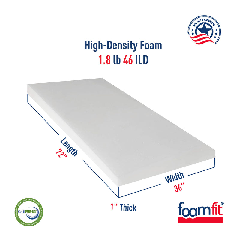 FoamFit Upholstery Foam 1 Inch Thick High Density 1.8 lb 46 ILD Firm Couch Cushion Replacement