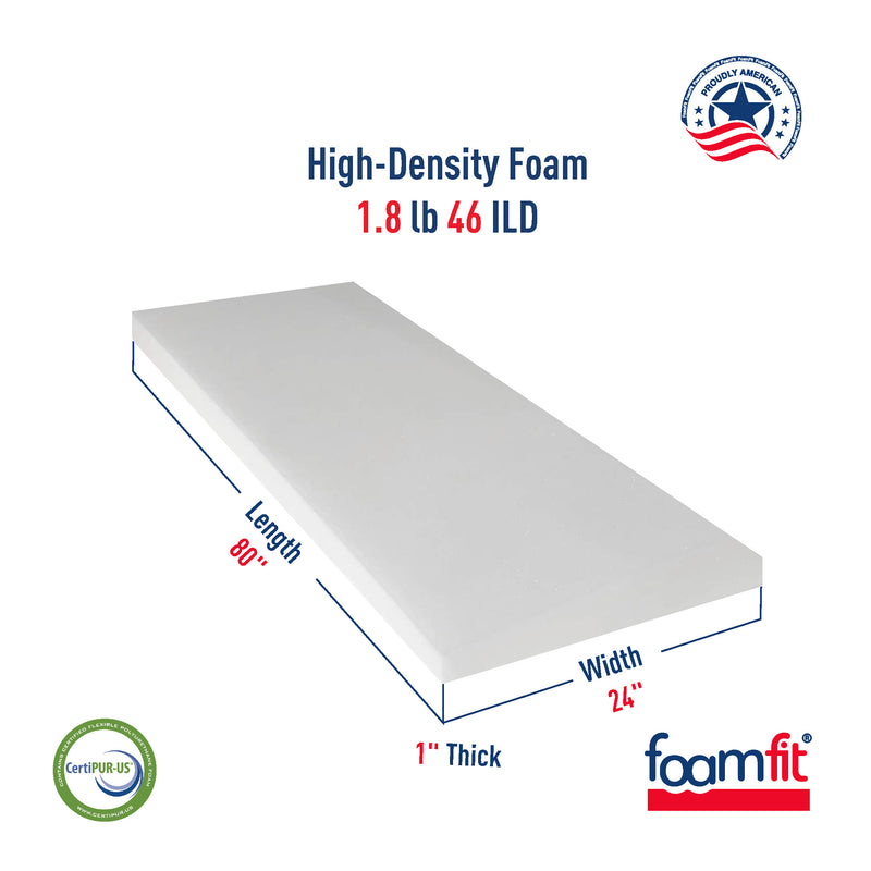 FoamFit Upholstery Foam 1 Inch Thick High Density 1.8 lb 46 ILD Firm Couch Cushion Replacement