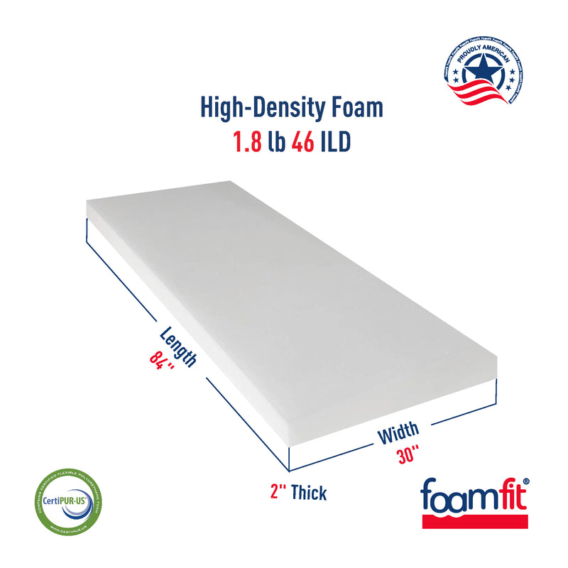 FoamFit Upholstery Foam 2 Inch Thick High Density 1.8 lb 46 ILD Firm Couch Cushion Replacement