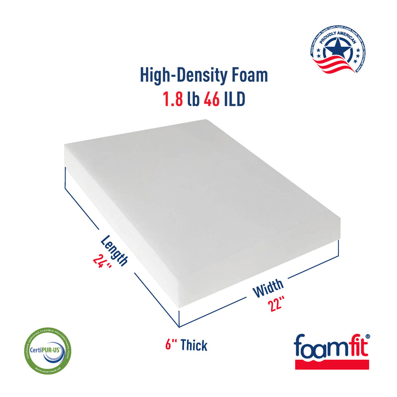 FoamFit Upholstery Foam 6 Inch Thick High Density 1.8 lb 46 ILD Firm Couch Cushion Replacement