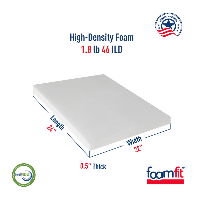 FoamFit Upholstery Foam 1/2 Inch Thick High Density 1.8 lb 46 ILD Firm Couch Cushion Replacement