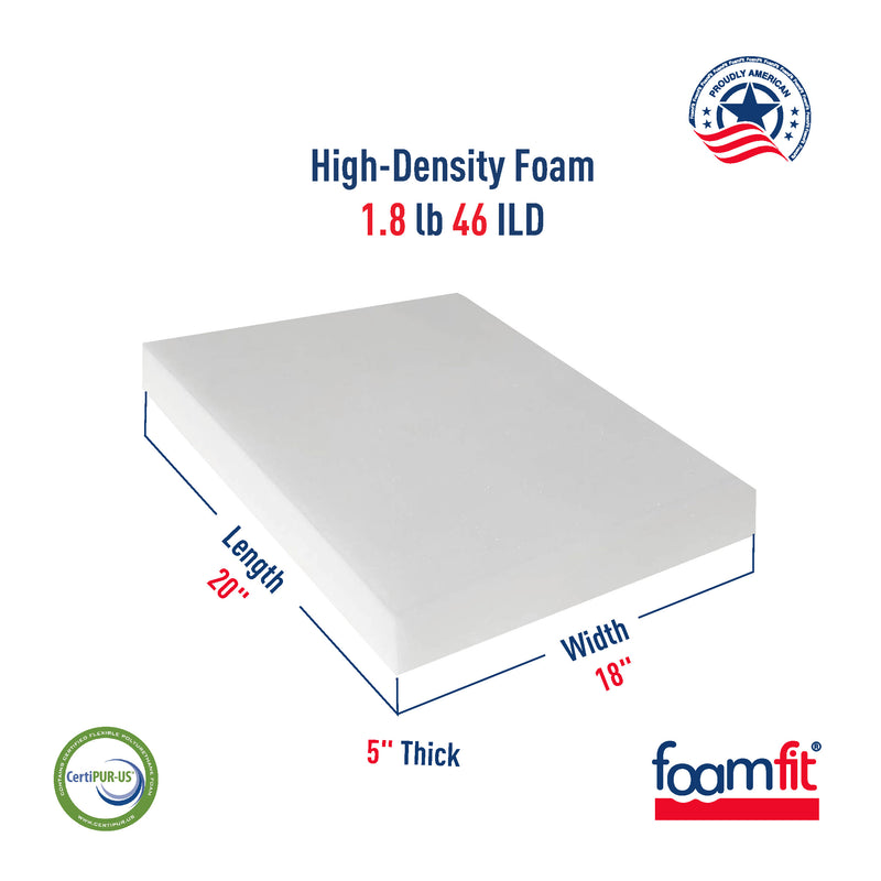 FoamFit Upholstery Foam 5 Inch Thick High Density 1.8 lb 46 ILD Firm Couch Cushion Replacement