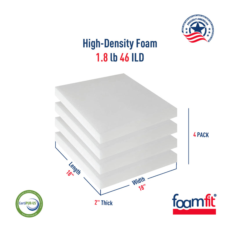 FoamFit Upholstery Foam 2 Inch Thick High Density 1.8 lb 46 ILD Firm Couch Cushion Replacement