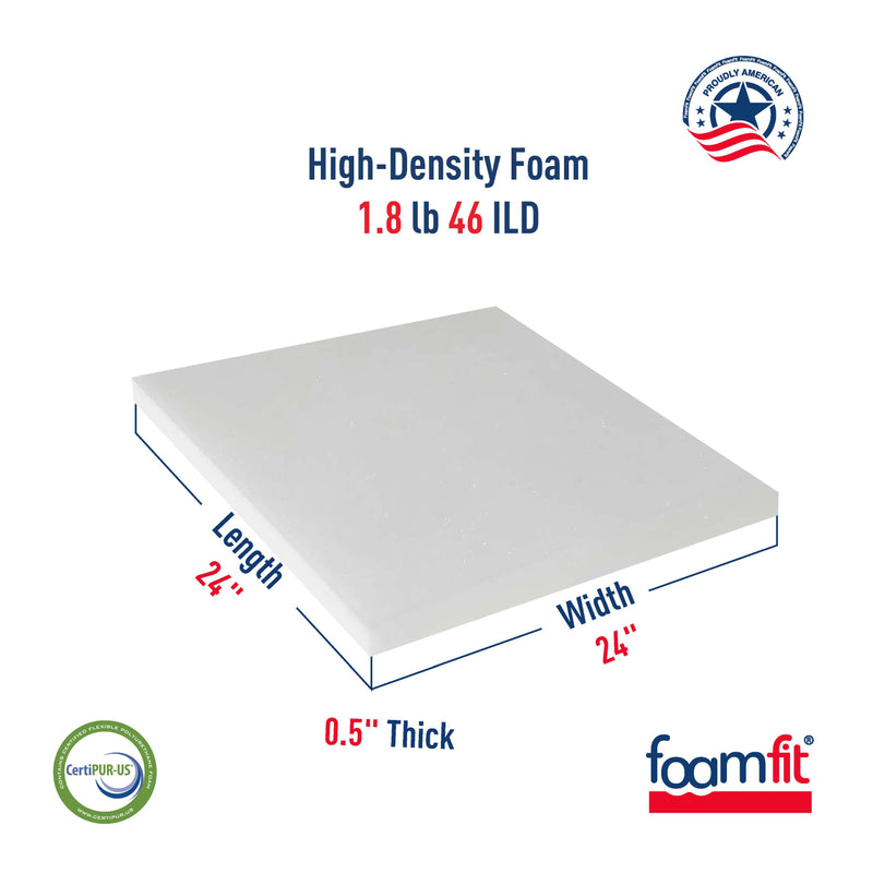 FoamFit Upholstery Foam 1/2 Inch Thick High Density 1.8 lb 46 ILD Firm Couch Cushion Replacement